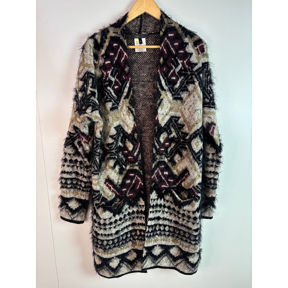 BCBGMAXAZRIA Cardigan Large Geometric Eyelash Knit Studded Open Front Women